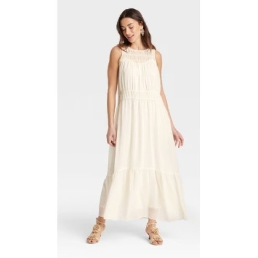A New Day Womens Sheer Chiffon Maxi Dress Cream XS Keyhole Back Crew Neck